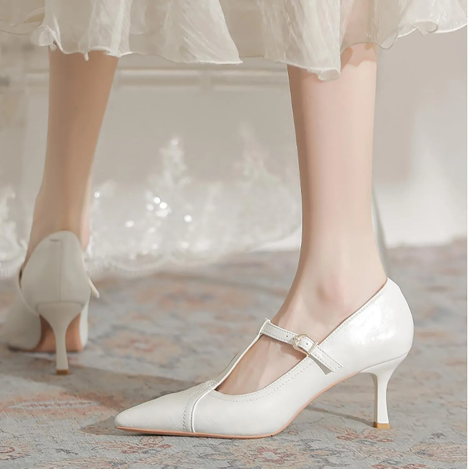 Women'S Leather T-Strap Sexy Pointed Stiletto Heel Pumps Fashion Adjustable Buckle Comfort Kitten Heel Mary Janes Party Wedding Evening Dress High Heel Shoes