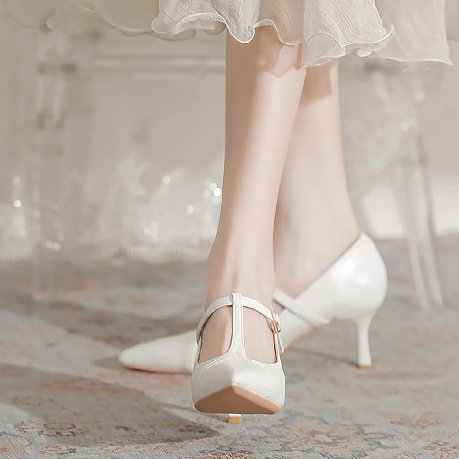 Women'S Leather T-Strap Sexy Pointed Stiletto Heel Pumps Fashion Adjustable Buckle Comfort Kitten Heel Mary Janes Party Wedding Evening Dress High Heel Shoes