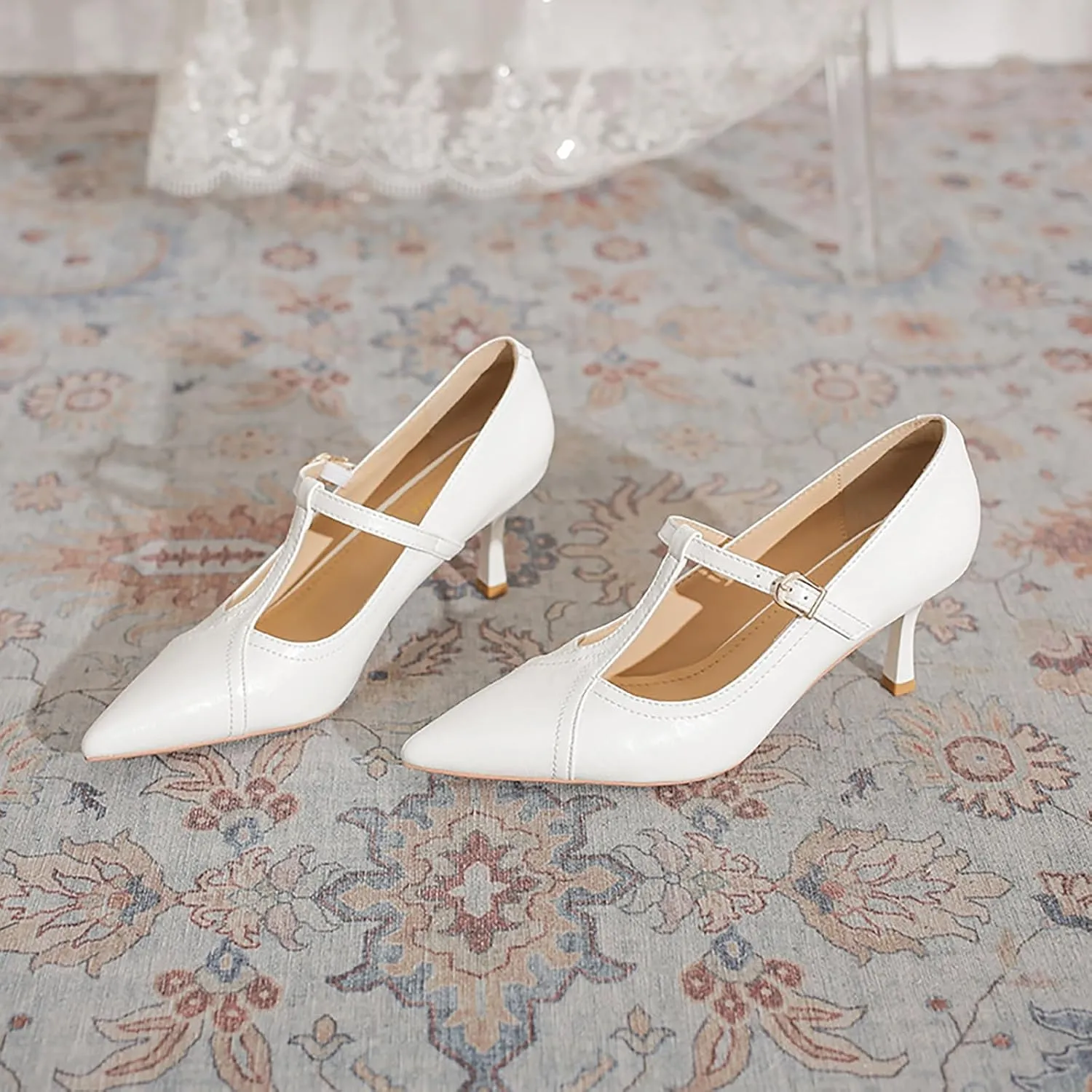 Women'S Leather T-Strap Sexy Pointed Stiletto Heel Pumps Fashion Adjustable Buckle Comfort Kitten Heel Mary Janes Party Wedding Evening Dress High Heel Shoes