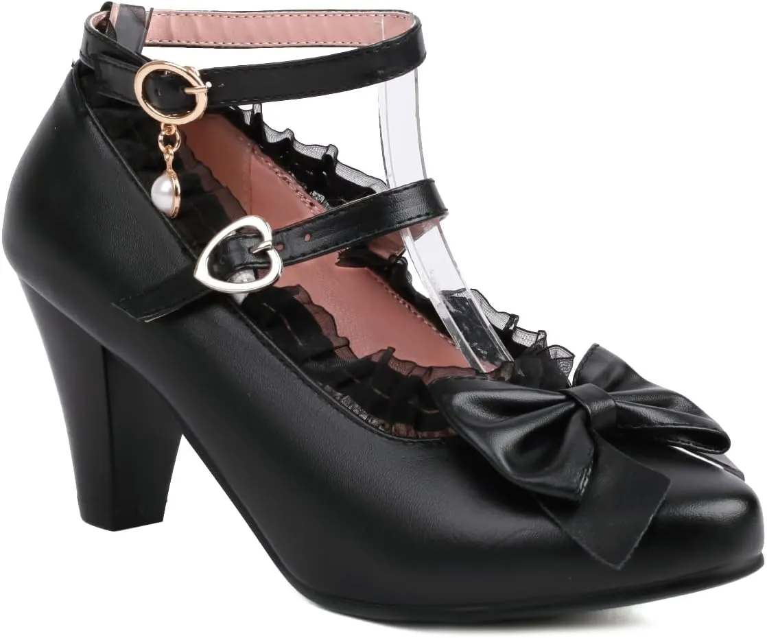 Women's Lolita Ankle Strap Mary Jane Heels, Comfortable Closed Toe Mary Jane Shoes, Cute Vintage Buckle Dress Heeled Pumps