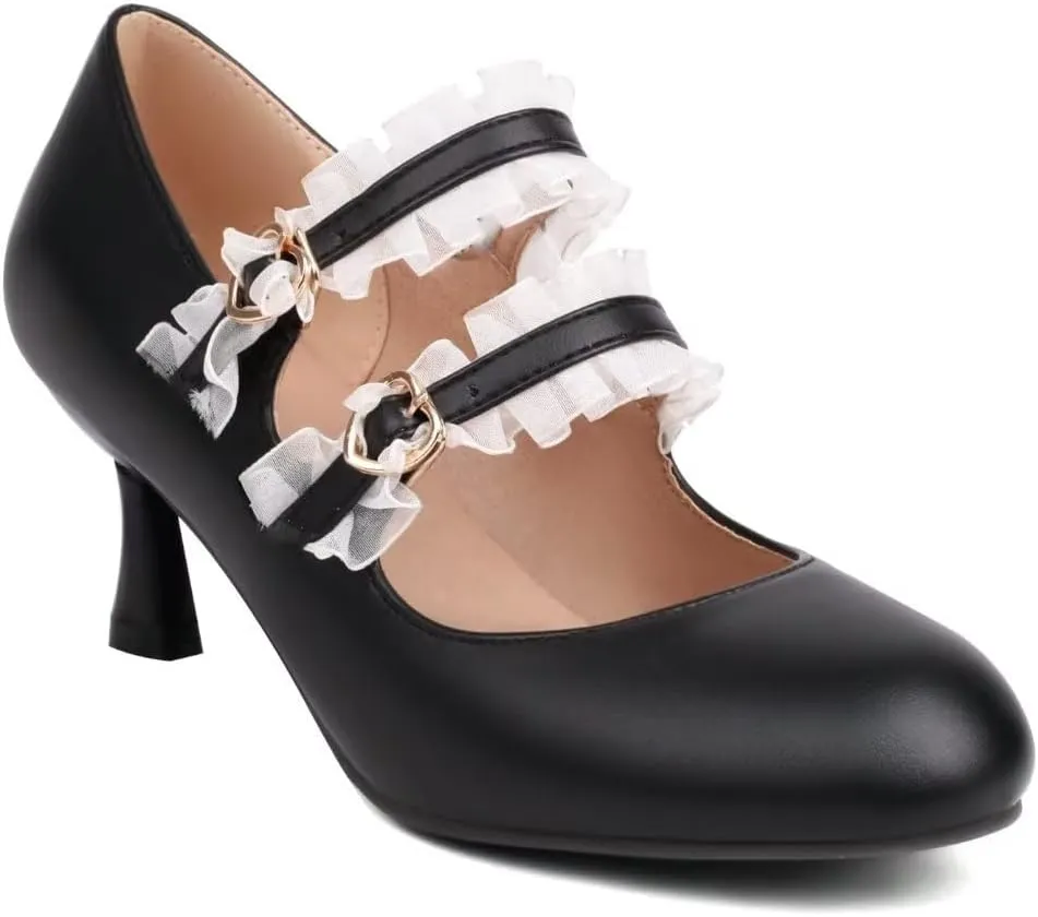 Women's Lolita Ankle Strap Mary Jane Heels, Comfortable Closed Toe Mary Jane Shoes, Cute Vintage Buckle Dress Heeled Pumps