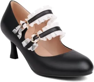 Women's Lolita Ankle Strap Mary Jane Heels, Comfortable Closed Toe Mary Jane Shoes, Cute Vintage Buckle Dress Heeled Pumps