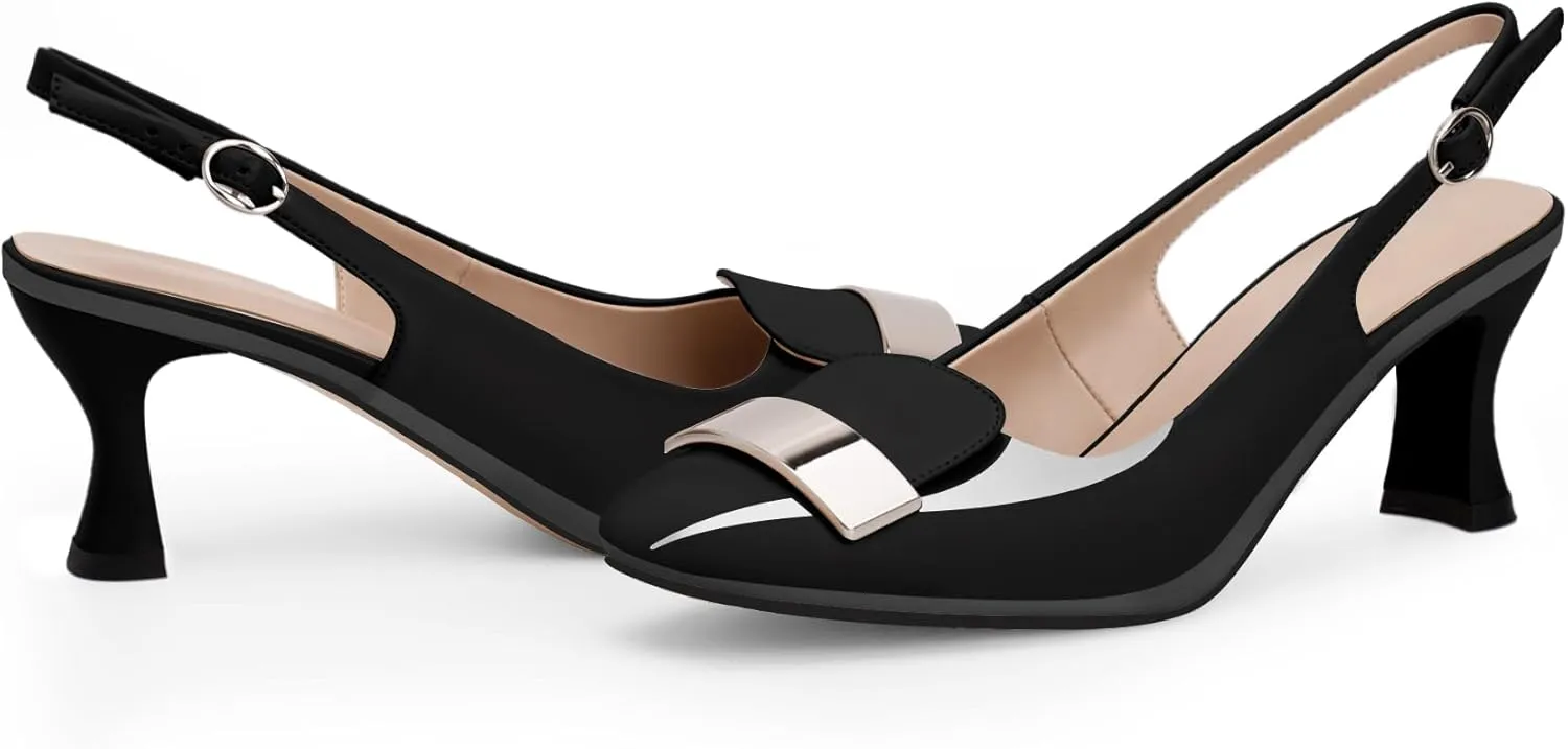 Women's Low Heel Slingback Pumps Square Toe Buckle Patent Leather Elegant Comfortable Dress Shoes