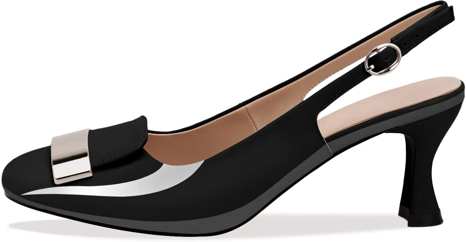 Women's Low Heel Slingback Pumps Square Toe Buckle Patent Leather Elegant Comfortable Dress Shoes