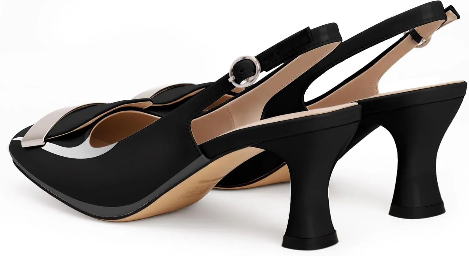 Women's Low Heel Slingback Pumps Square Toe Buckle Patent Leather Elegant Comfortable Dress Shoes