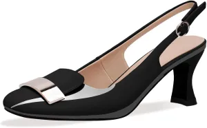 Women's Low Heel Slingback Pumps Square Toe Buckle Patent Leather Elegant Comfortable Dress Shoes
