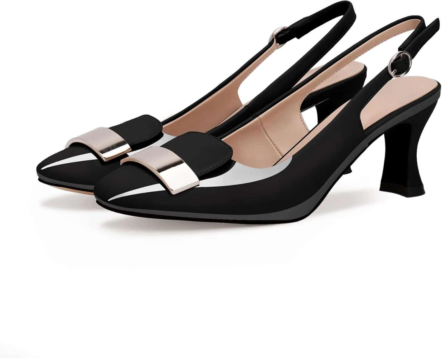 Women's Low Heel Slingback Pumps Square Toe Buckle Patent Leather Elegant Comfortable Dress Shoes