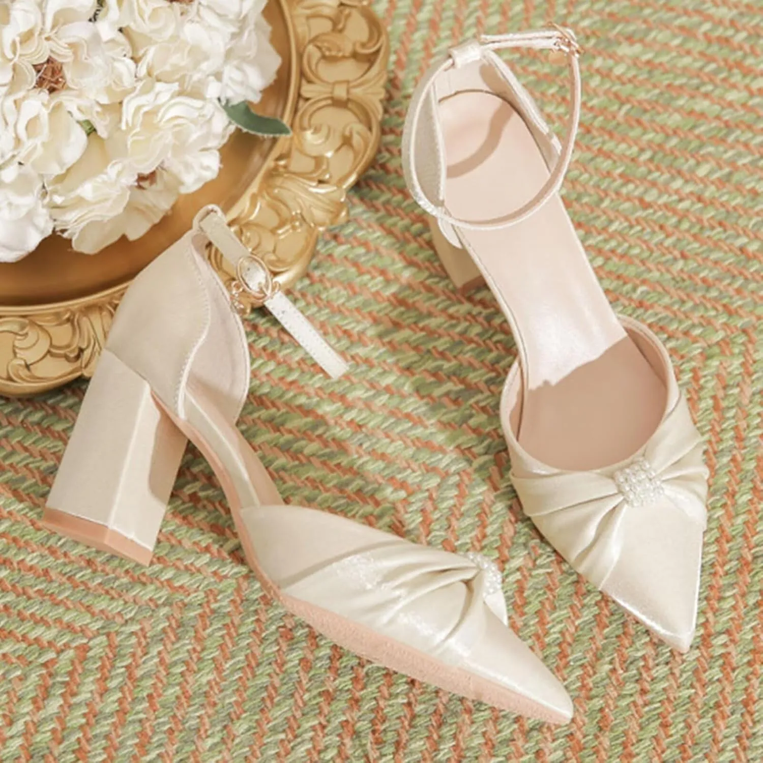 Womens Mid Block Heel Ankle Strap Court Shoes Wedding Bridal Shoes Pumps Ladies