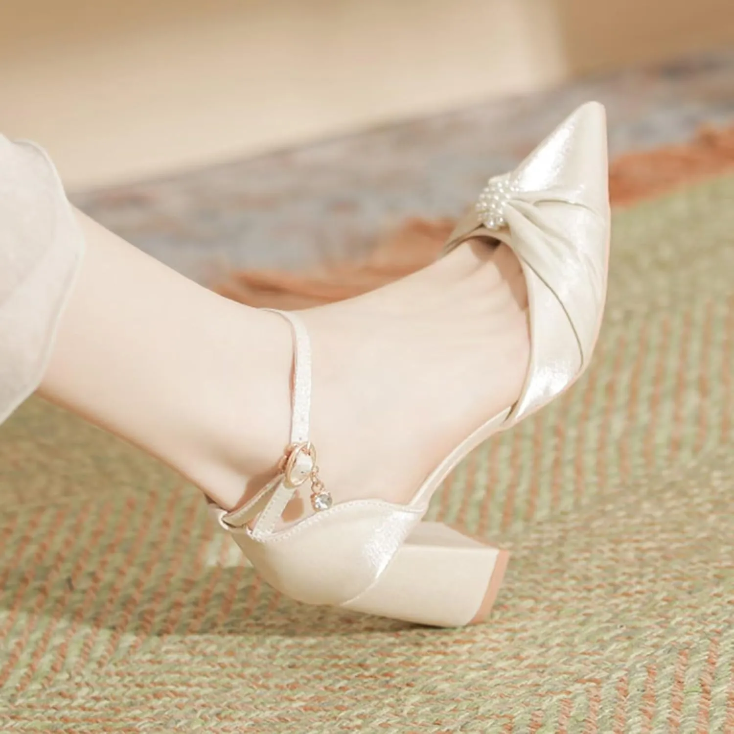 Womens Mid Block Heel Ankle Strap Court Shoes Wedding Bridal Shoes Pumps Ladies
