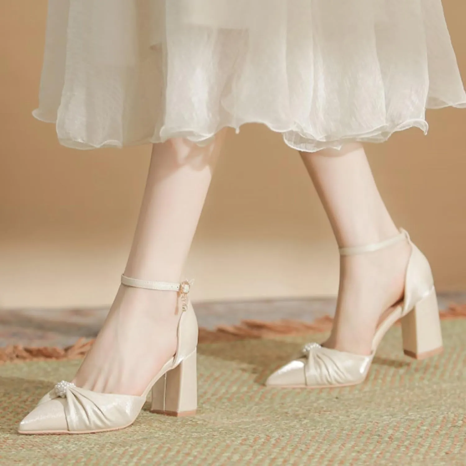 Womens Mid Block Heel Ankle Strap Court Shoes Wedding Bridal Shoes Pumps Ladies