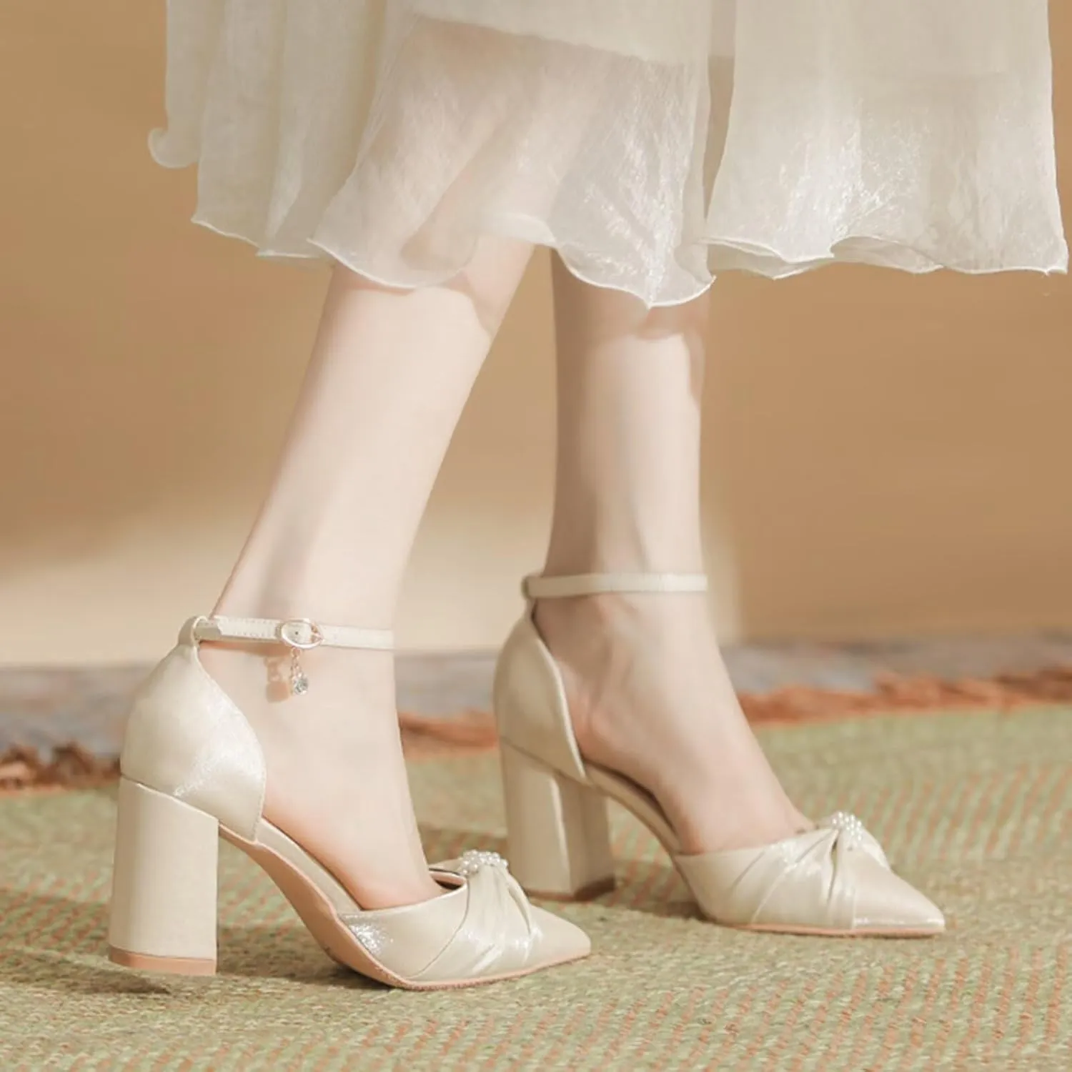 Womens Mid Block Heel Ankle Strap Court Shoes Wedding Bridal Shoes Pumps Ladies