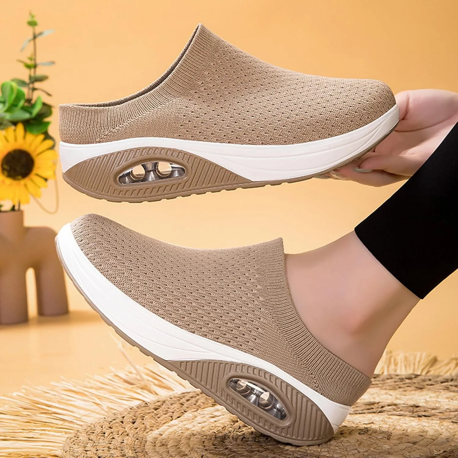 Women's Orthopedic Mule Clogs Closed Round Toe Stretch Knitted Platform Comfortable Breathable Air Cushion Walking Sliipers Open Back Wedge Heel Casual Mules Sneaker with Arch Support