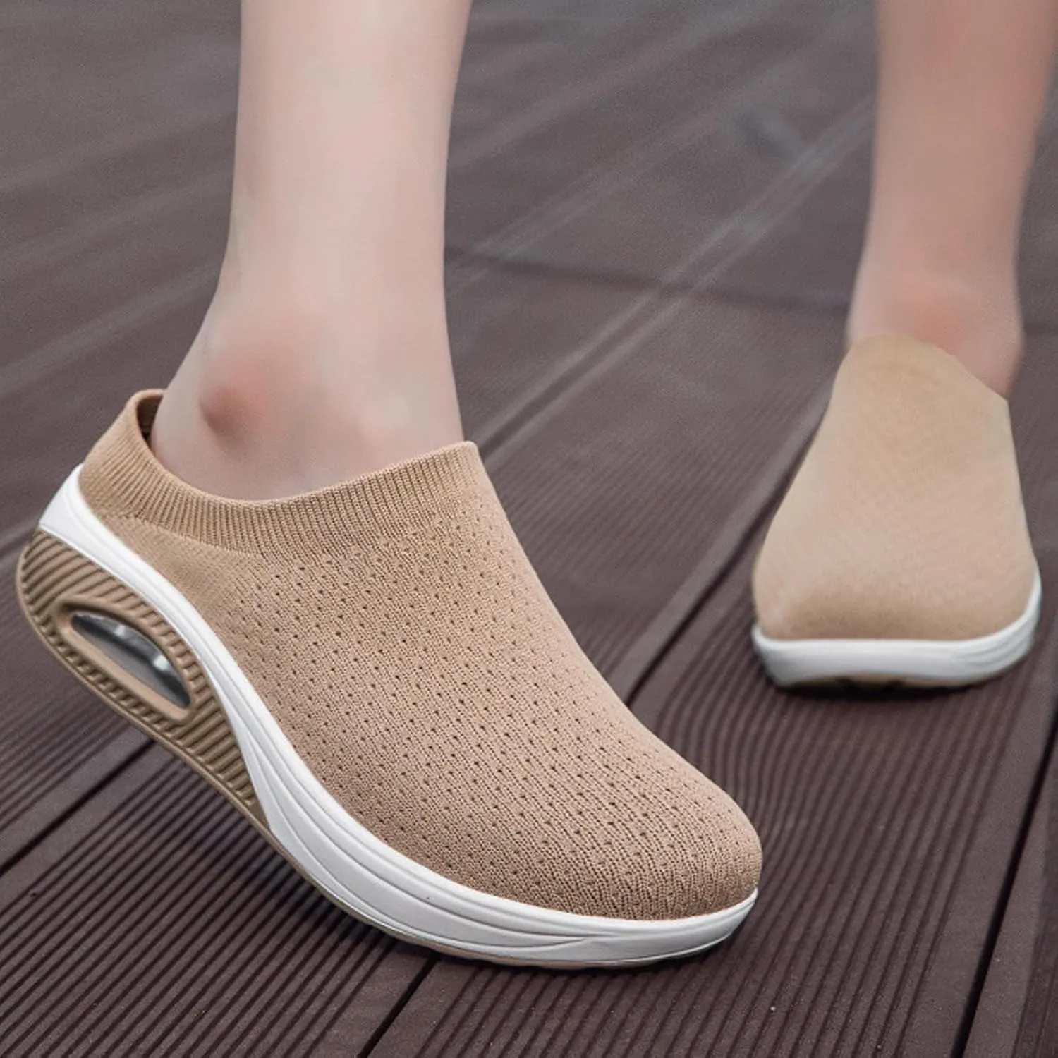Women's Orthopedic Mule Clogs Closed Round Toe Stretch Knitted Platform Comfortable Breathable Air Cushion Walking Sliipers Open Back Wedge Heel Casual Mules Sneaker with Arch Support