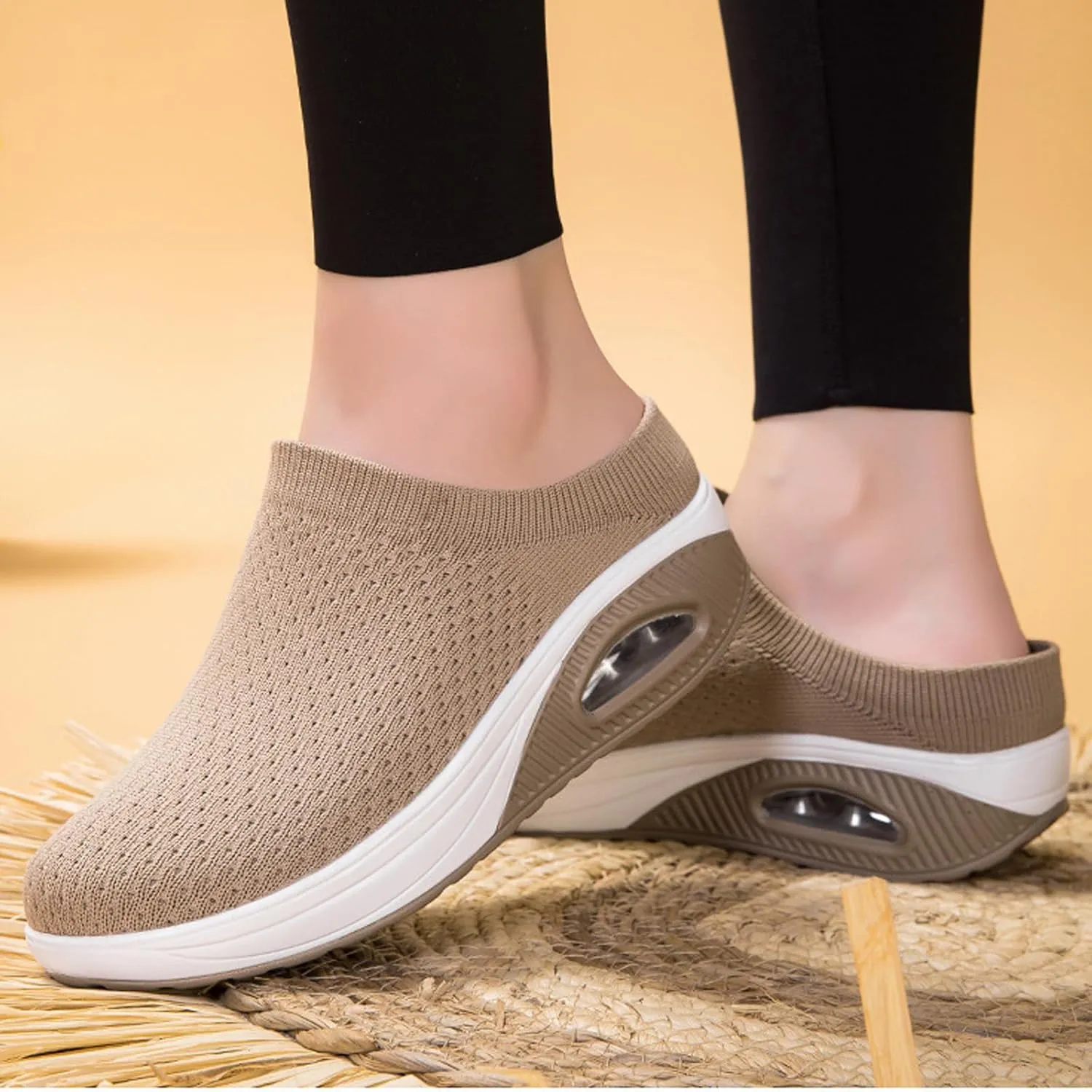 Women's Orthopedic Mule Clogs Closed Round Toe Stretch Knitted Platform Comfortable Breathable Air Cushion Walking Sliipers Open Back Wedge Heel Casual Mules Sneaker with Arch Support