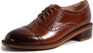 Women's Perforated Classic Lace-up Oxfords Brogue Wingtip Round Toe Derby Saddle Leather Shoes for Women Girls Lady Wife
