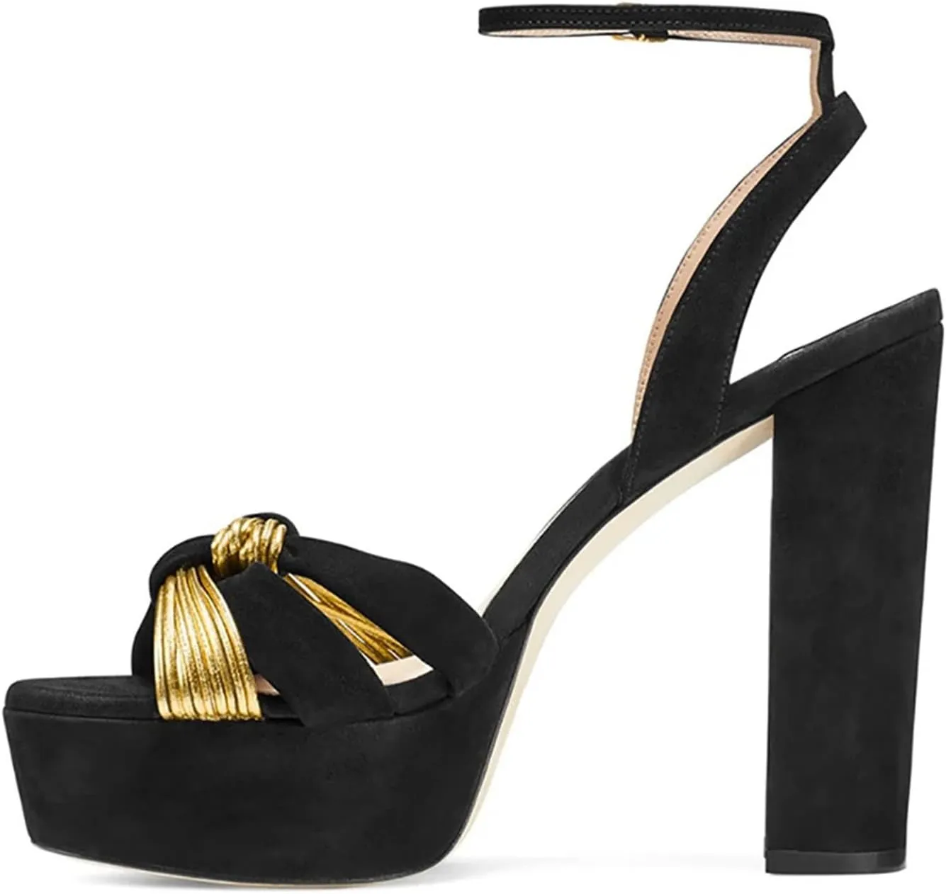 Women's Platform Buckle Sandals, Black Block Heel Party Heels