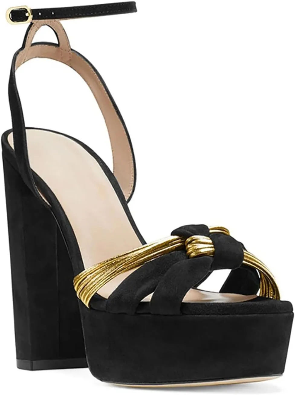 Women's Platform Buckle Sandals, Black Block Heel Party Heels