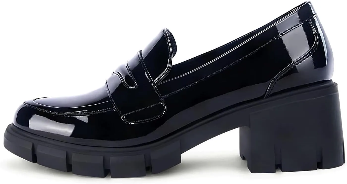 Womens Platform Loafers Chunky Heel Penny Loafer Lug Sole Slip On Round Toe Comfort Dress Work Shoes