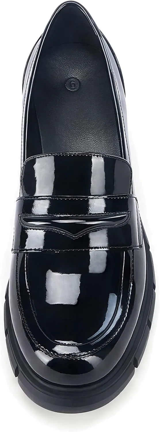 Womens Platform Loafers Chunky Heel Penny Loafer Lug Sole Slip On Round Toe Comfort Dress Work Shoes