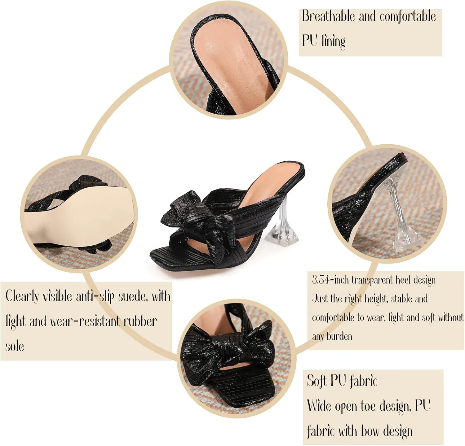 Women's Pleated Satin Bow Transparent Wine Glass Heel Mule Sandals Sexy Square Open Toe Comfortable Stiletto Non-Slip Slip-On Evening Wedding Formal High Heels