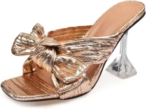 Women's Pleated Satin Bow Transparent Wine Glass Heel Mule Sandals Sexy Square Open Toe Comfortable Stiletto Non-Slip Slip-On Evening Wedding Formal High Heels