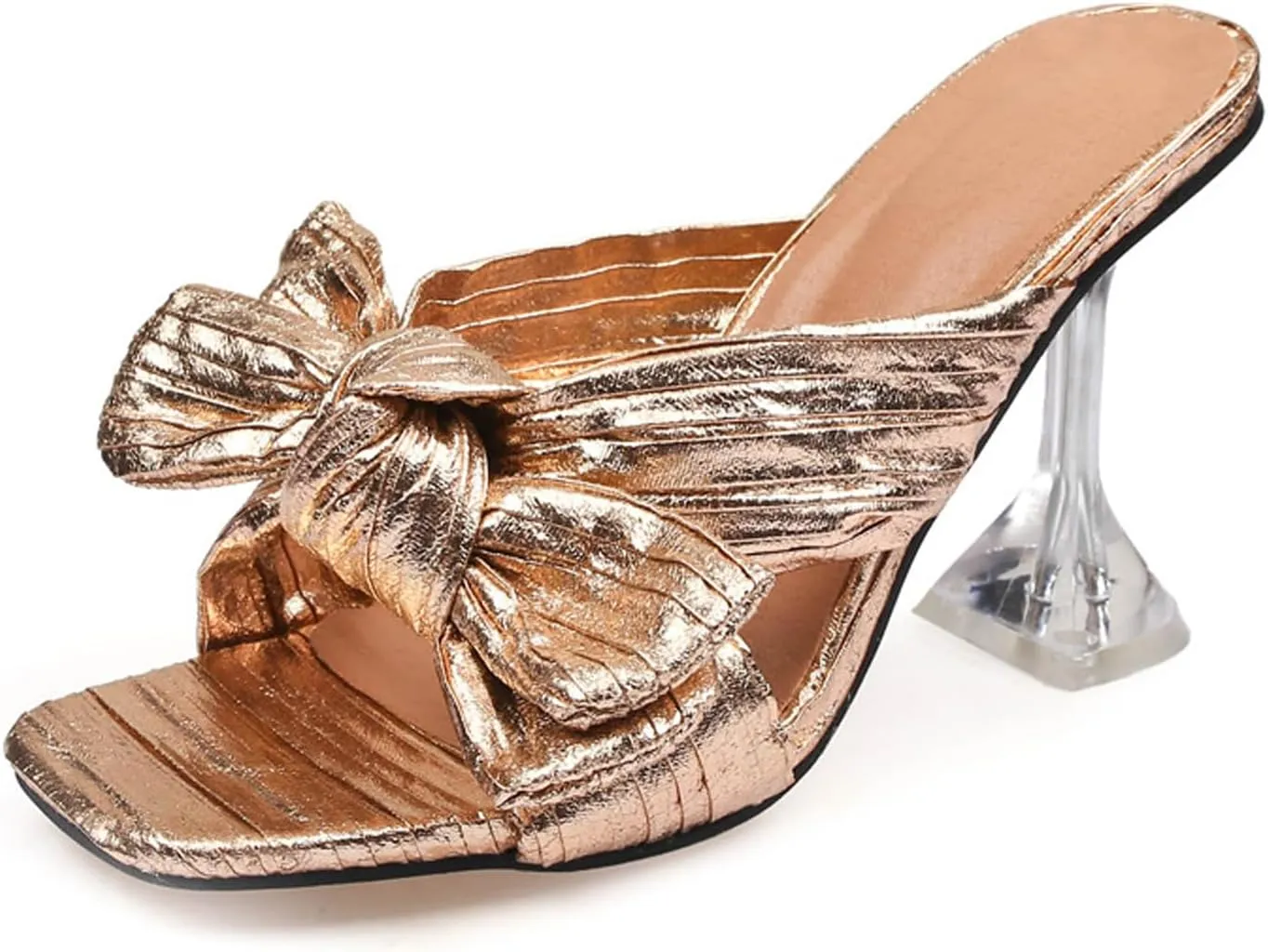 Women's Pleated Satin Bow Transparent Wine Glass Heel Mule Sandals Sexy Square Open Toe Comfortable Stiletto Non-Slip Slip-On Evening Wedding Formal High Heels