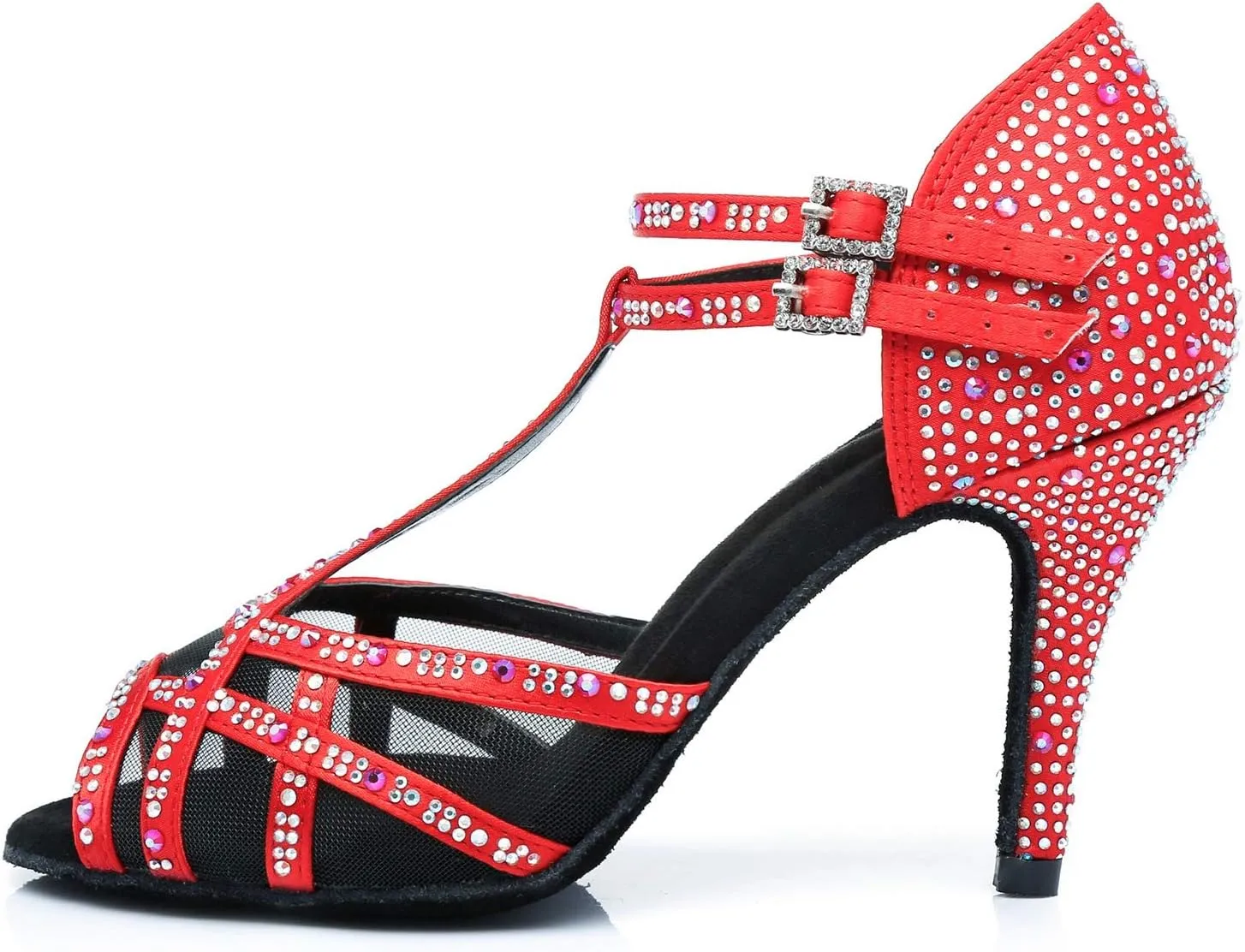Womens Professional Dancing Shoes with Rhinestones Mesh Elegant Wedding Formal Sandals