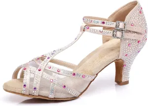 Womens Professional Dancing Shoes with Rhinestones Mesh Elegant Wedding Formal Sandals