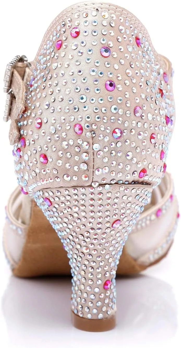 Womens Professional Dancing Shoes with Rhinestones Mesh Elegant Wedding Formal Sandals