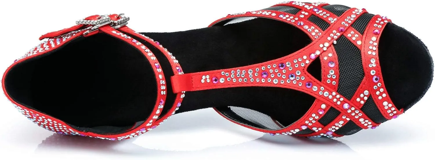 Womens Professional Dancing Shoes with Rhinestones Mesh Elegant Wedding Formal Sandals
