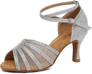 Womens Professional Dancing Shoes with Rhinestones Mesh Elegant Wedding Formal Sandals