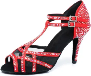 Womens Professional Dancing Shoes with Rhinestones Mesh Elegant Wedding Formal Sandals