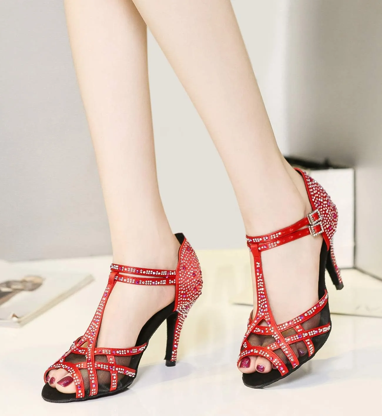 Womens Professional Dancing Shoes with Rhinestones Mesh Elegant Wedding Formal Sandals