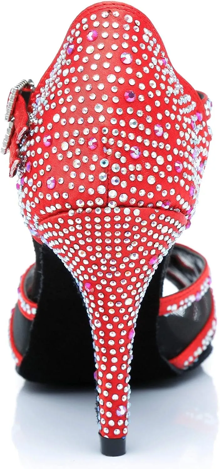 Womens Professional Dancing Shoes with Rhinestones Mesh Elegant Wedding Formal Sandals