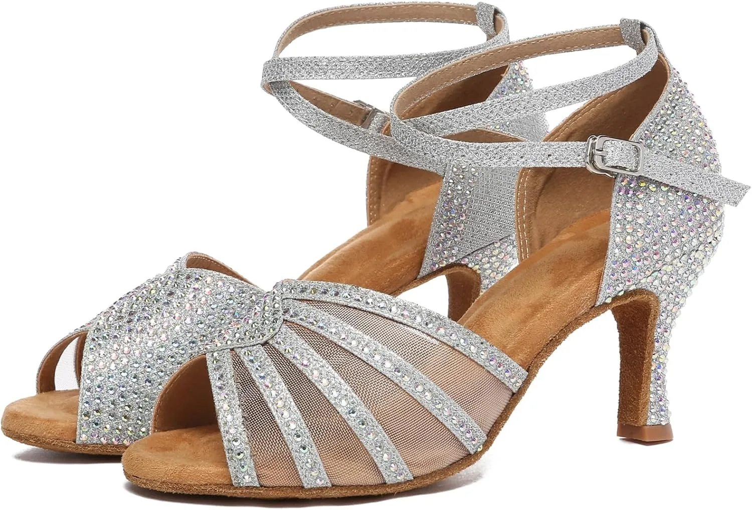 Womens Professional Dancing Shoes with Rhinestones Mesh Elegant Wedding Formal Sandals