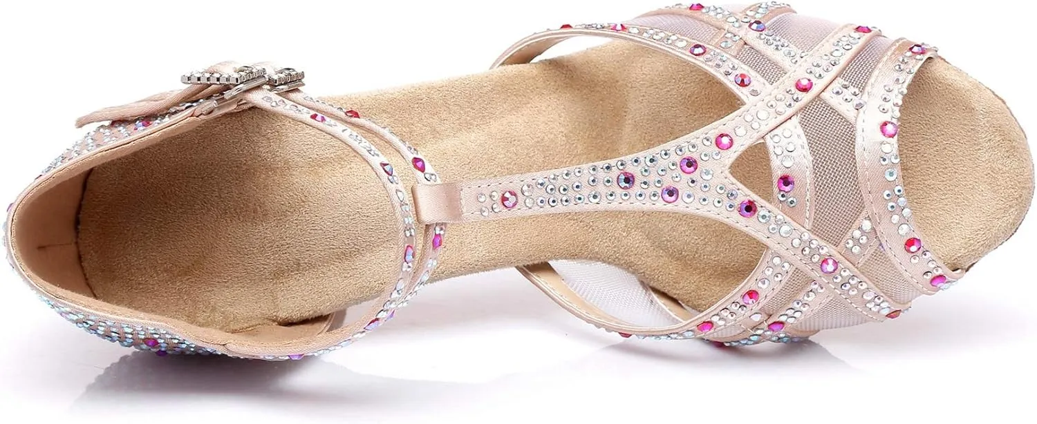 Womens Professional Dancing Shoes with Rhinestones Mesh Elegant Wedding Formal Sandals