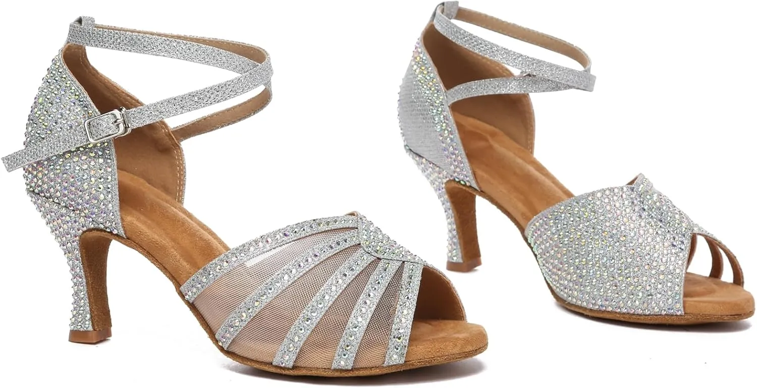 Womens Professional Dancing Shoes with Rhinestones Mesh Elegant Wedding Formal Sandals
