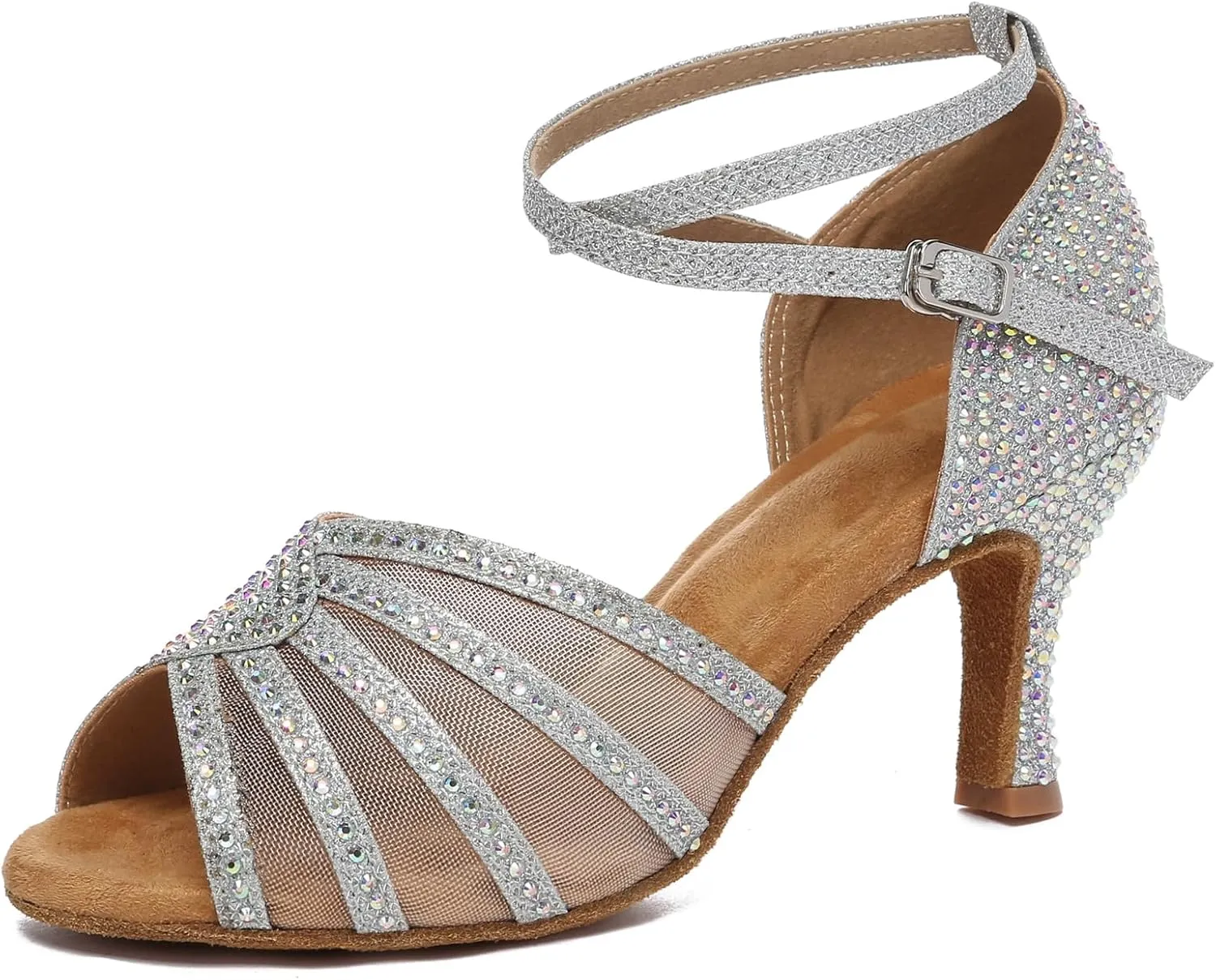 Womens Professional Dancing Shoes with Rhinestones Mesh Elegant Wedding Formal Sandals