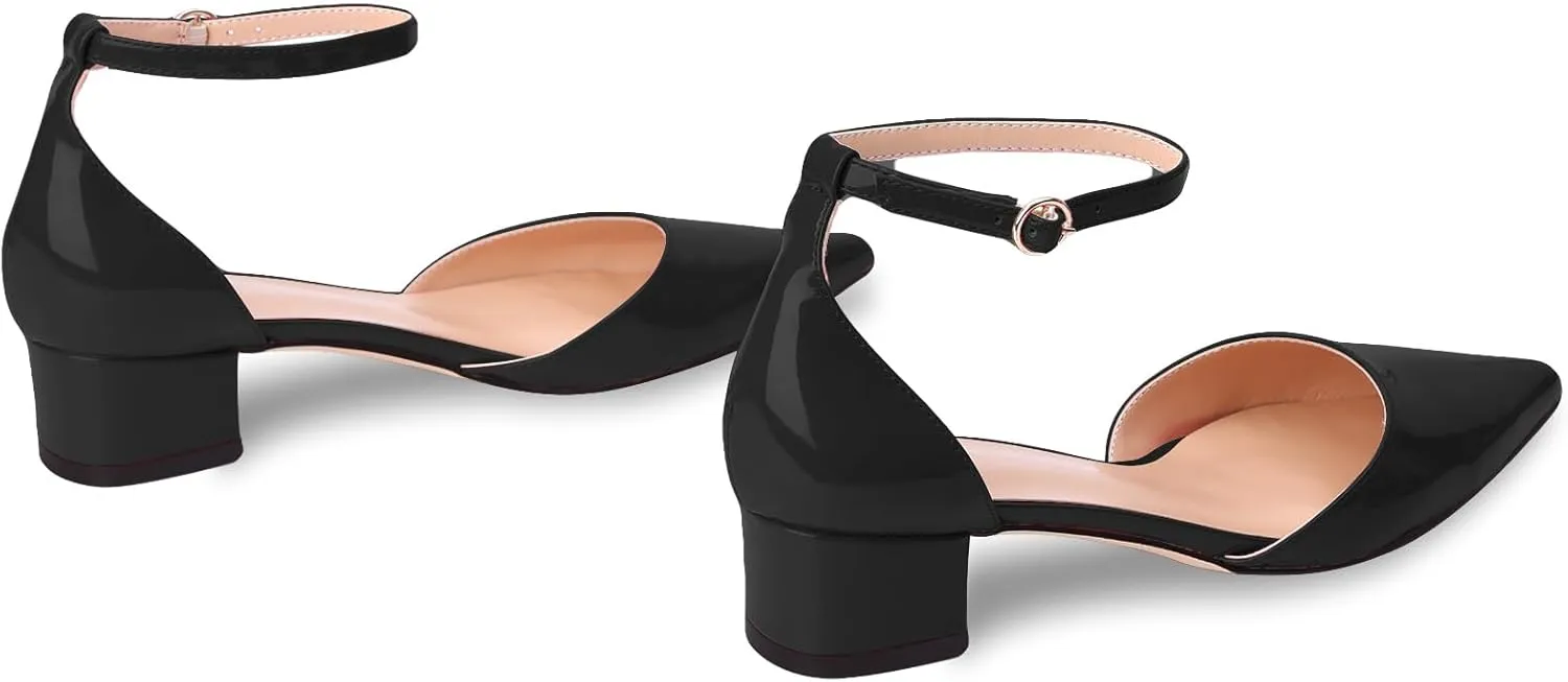 Women's Pumps with Ankle Strap,Pointed Closed Toe Low Chunky Block Heels,Comfortable Elegant Dress Shoes for Women Office Wedding Casual