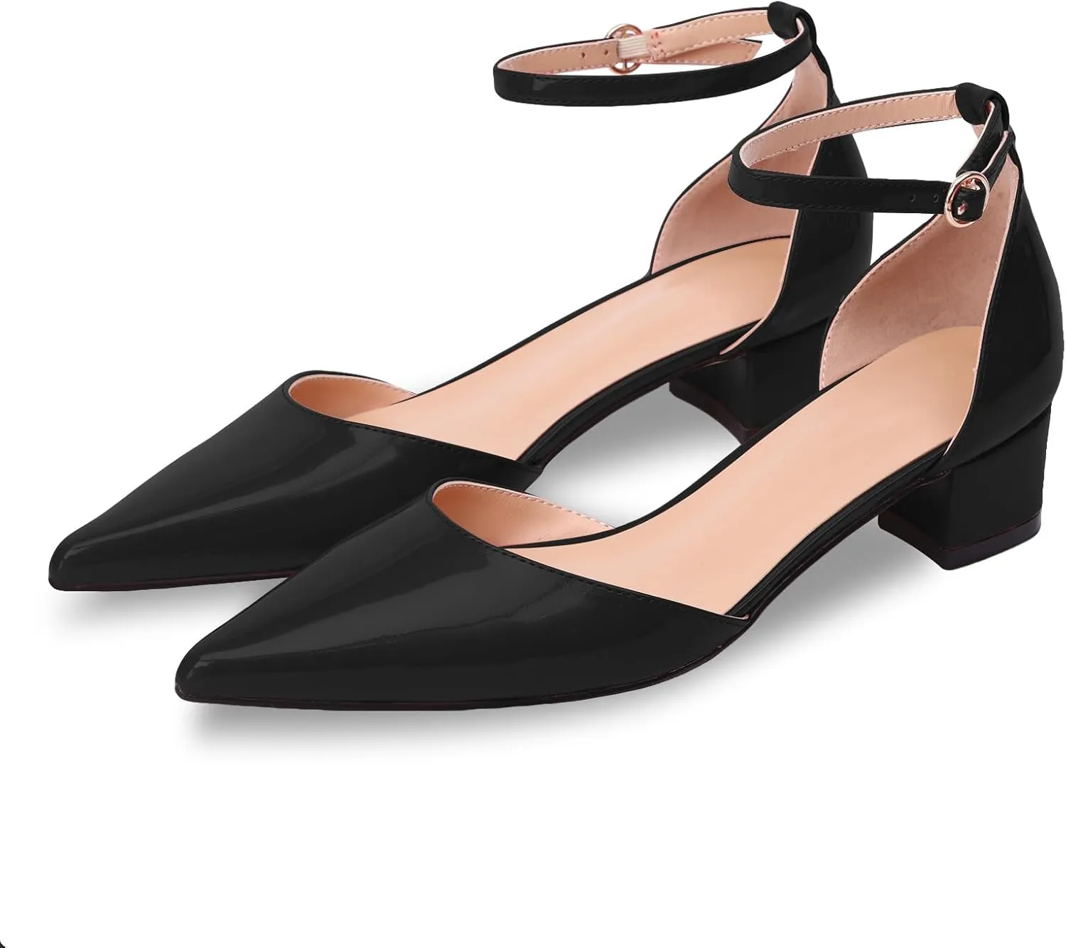 Women's Pumps with Ankle Strap,Pointed Closed Toe Low Chunky Block Heels,Comfortable Elegant Dress Shoes for Women Office Wedding Casual