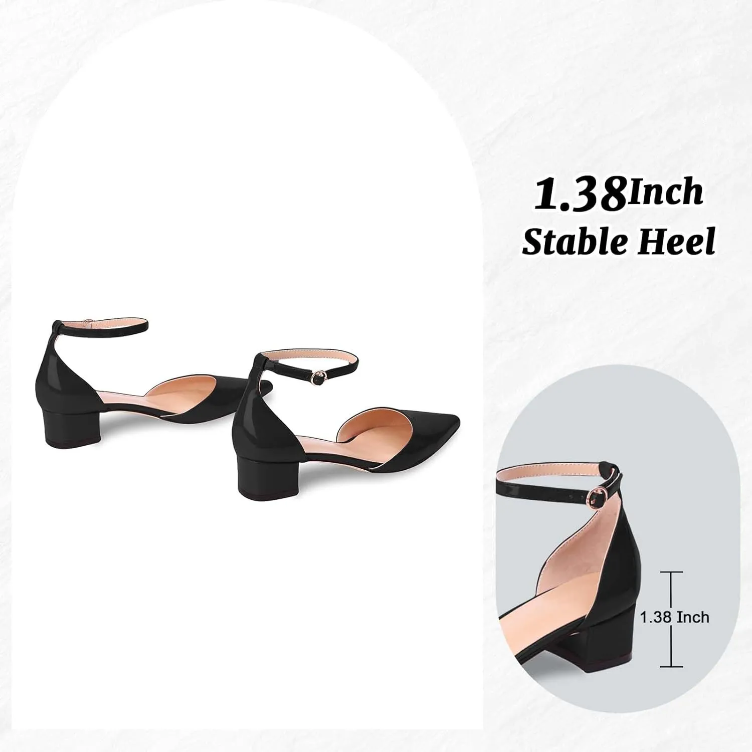 Women's Pumps with Ankle Strap,Pointed Closed Toe Low Chunky Block Heels,Comfortable Elegant Dress Shoes for Women Office Wedding Casual