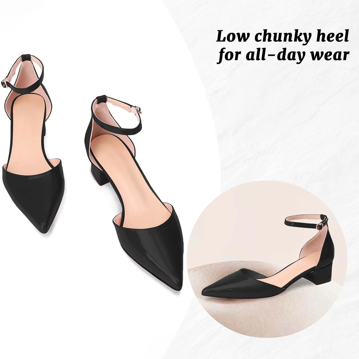Women's Pumps with Ankle Strap,Pointed Closed Toe Low Chunky Block Heels,Comfortable Elegant Dress Shoes for Women Office Wedding Casual