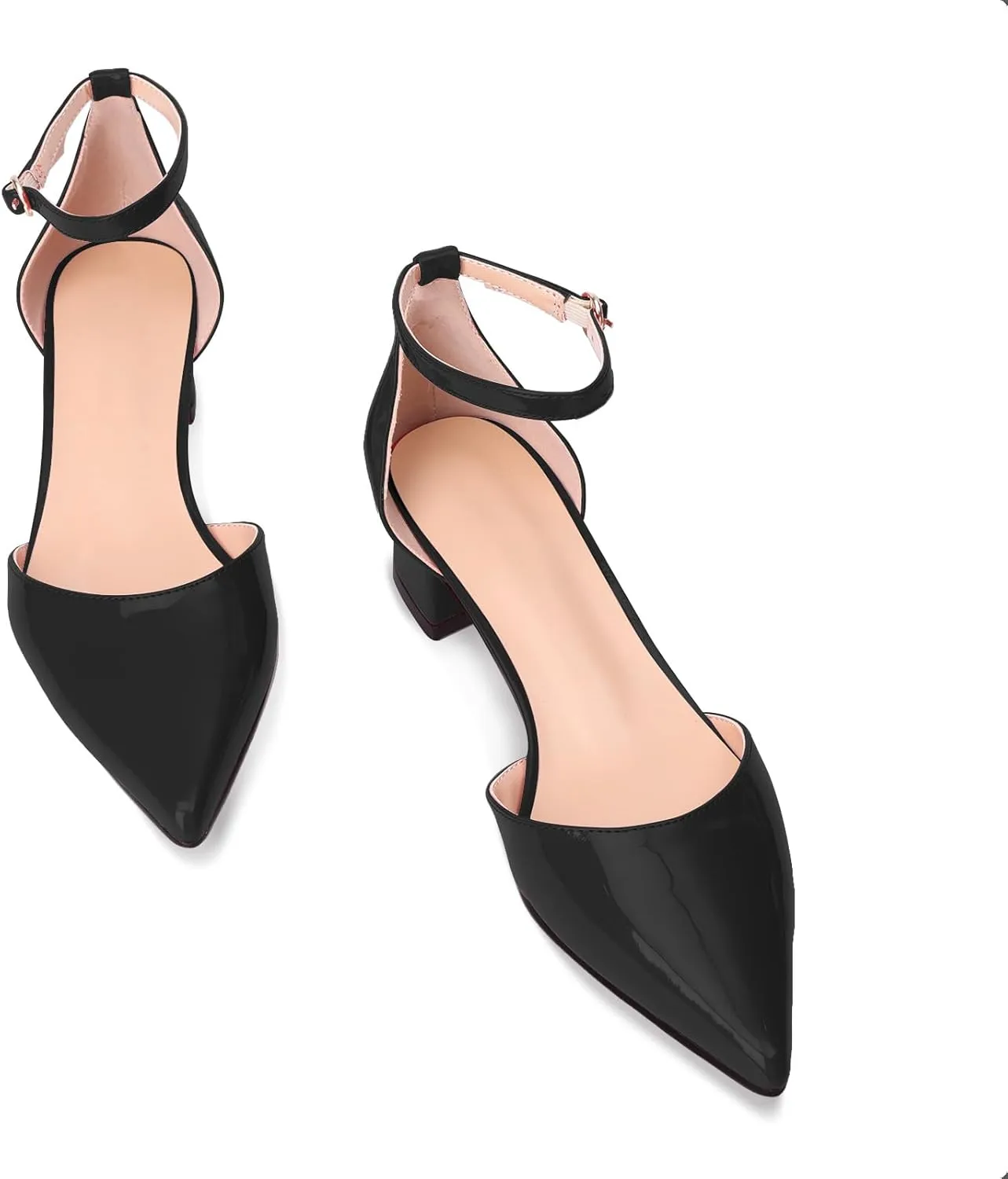 Women's Pumps with Ankle Strap,Pointed Closed Toe Low Chunky Block Heels,Comfortable Elegant Dress Shoes for Women Office Wedding Casual