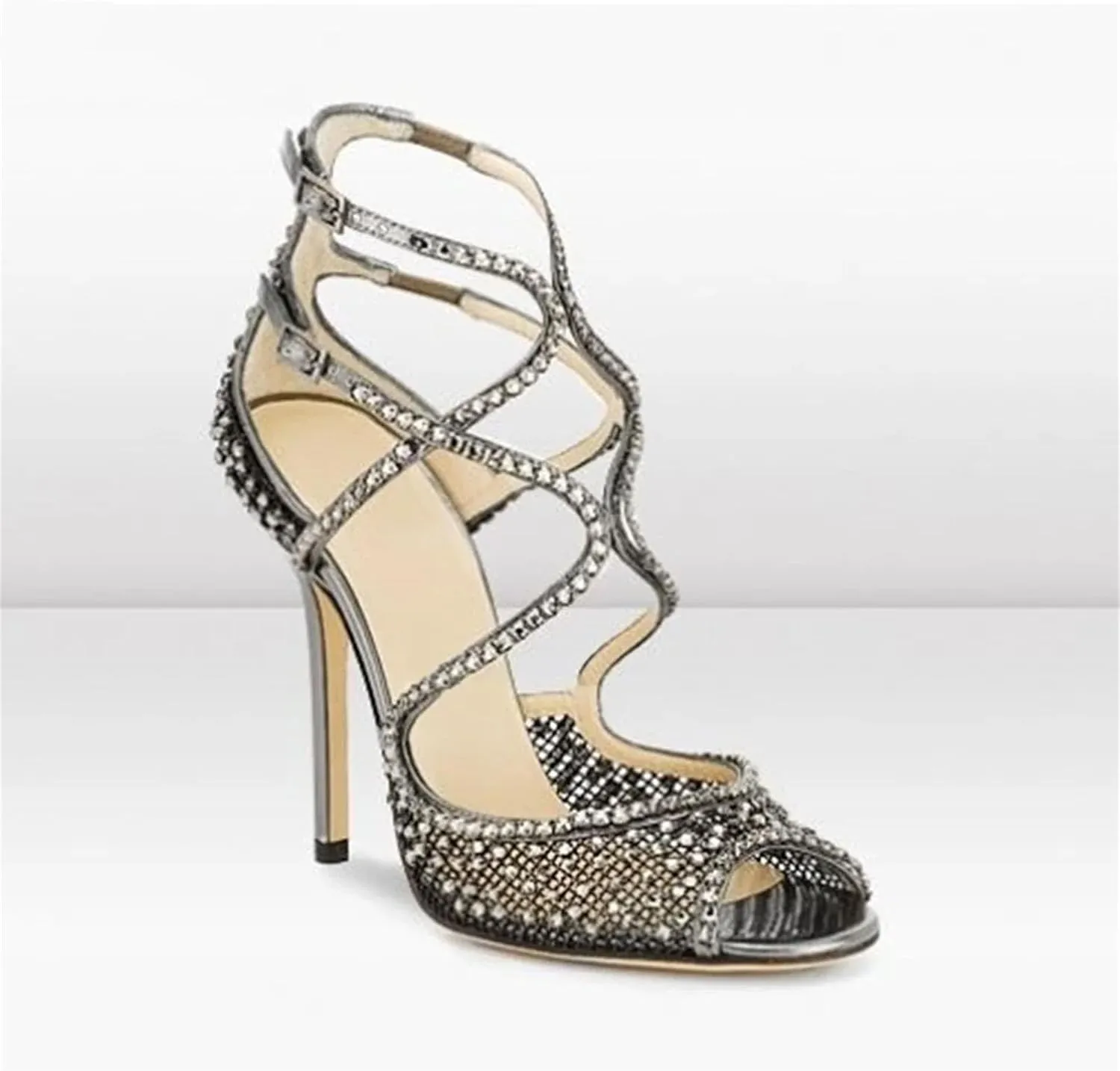 Women's Rhinestone Peep Toe Sandals, White Round Toe One Buckle Party
