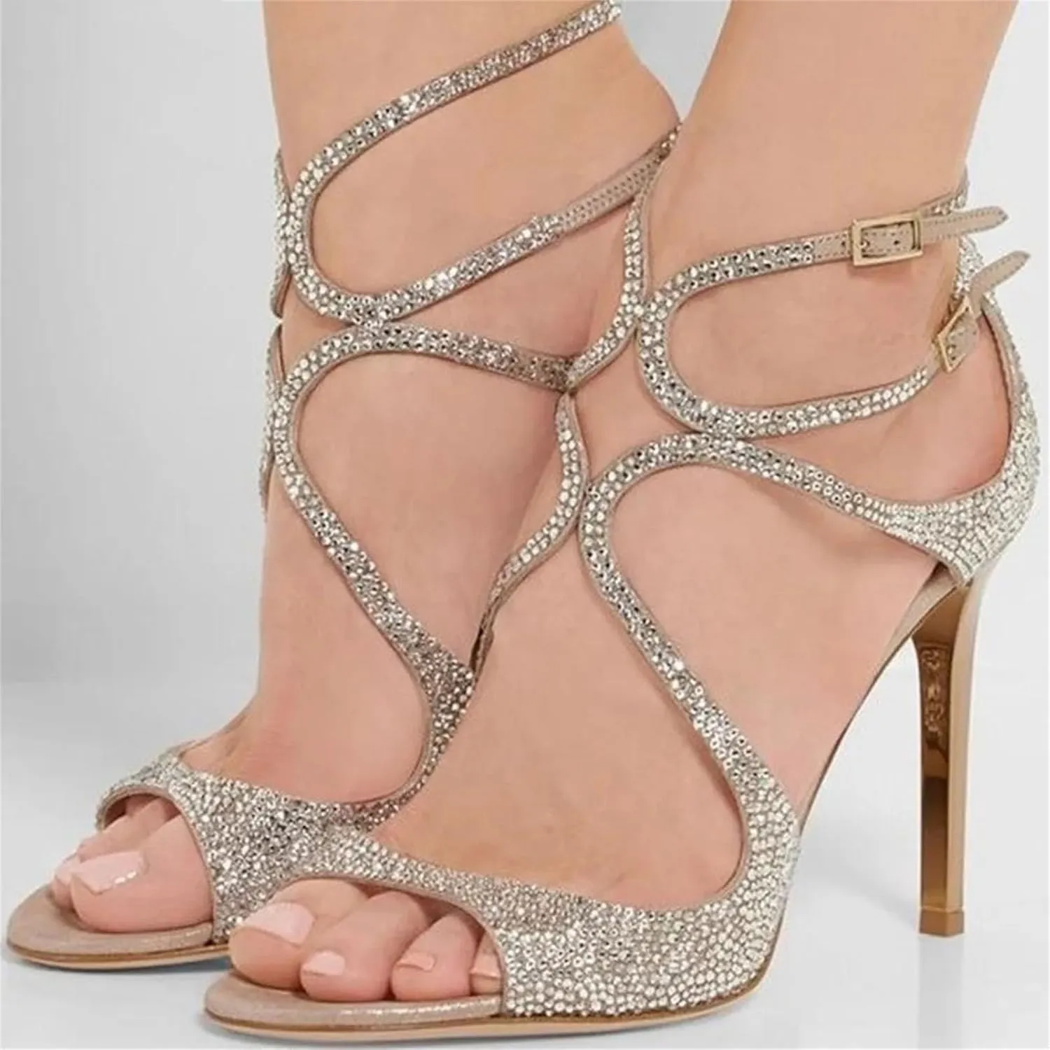 Women's Rhinestone Peep Toe Sandals, White Round Toe One Buckle Party