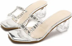 Women's Rhinestone Transparent Chunky Heel Sandals Slip-On Open Square Toe Crystal Block Heel Fashion Slides Party Wedding High Heels Slippers