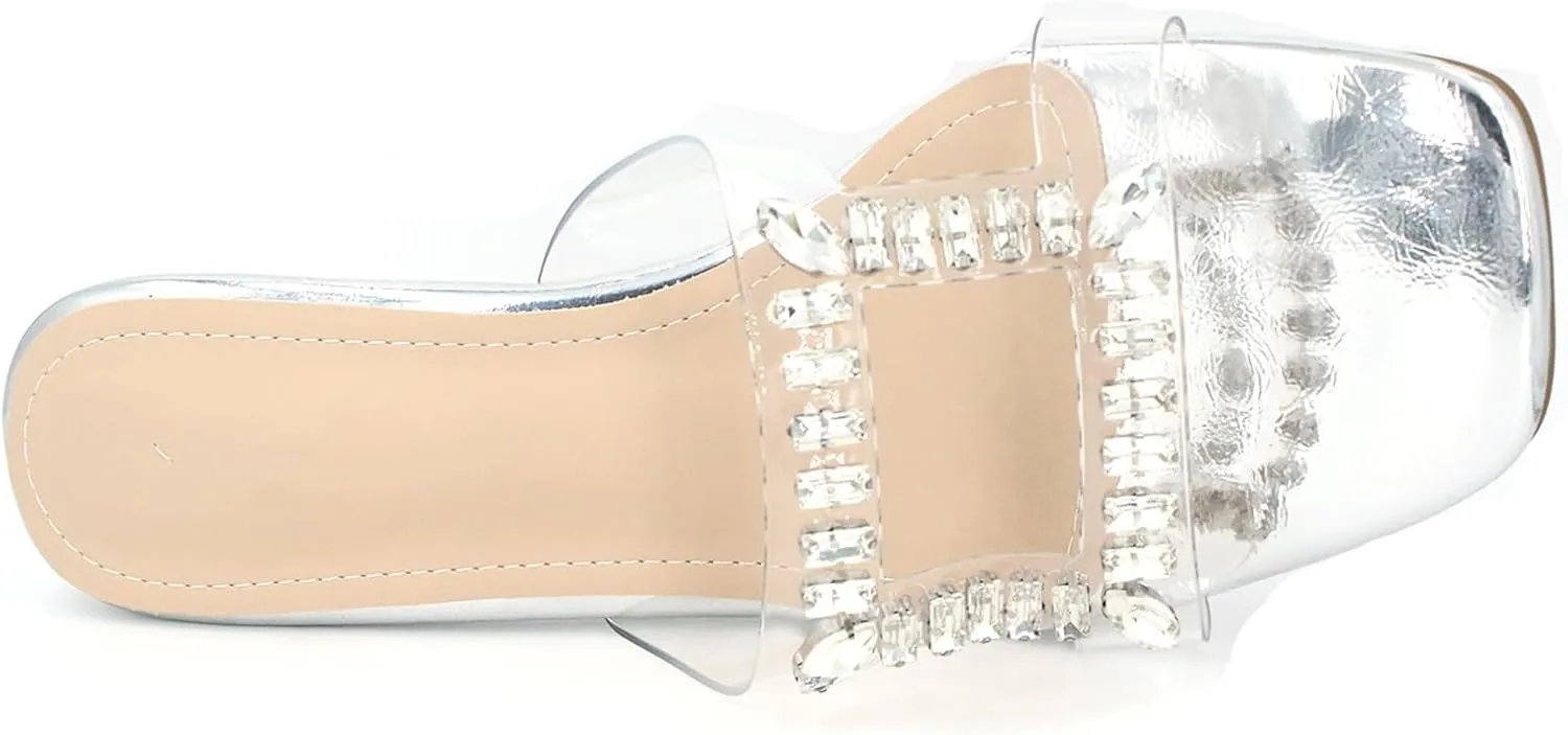 Women's Rhinestone Transparent Chunky Heel Sandals Slip-On Open Square Toe Crystal Block Heel Fashion Slides Party Wedding High Heels Slippers