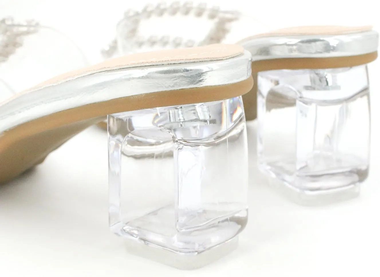 Women's Rhinestone Transparent Chunky Heel Sandals Slip-On Open Square Toe Crystal Block Heel Fashion Slides Party Wedding High Heels Slippers