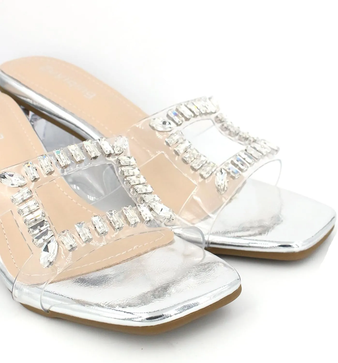 Women's Rhinestone Transparent Chunky Heel Sandals Slip-On Open Square Toe Crystal Block Heel Fashion Slides Party Wedding High Heels Slippers