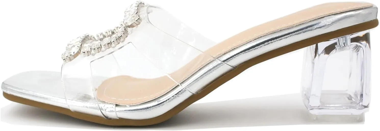 Women's Rhinestone Transparent Chunky Heel Sandals Slip-On Open Square Toe Crystal Block Heel Fashion Slides Party Wedding High Heels Slippers
